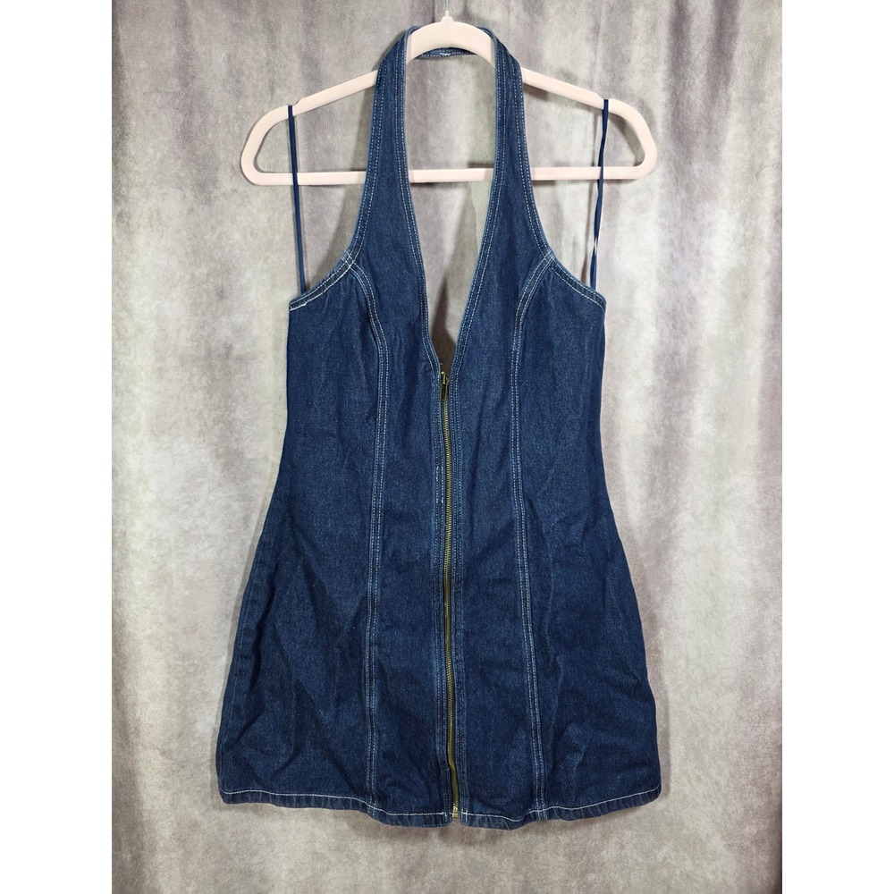 Lioness Vintage Denim Mini Dress Blue Halter Neck Front Zip NWT Size L